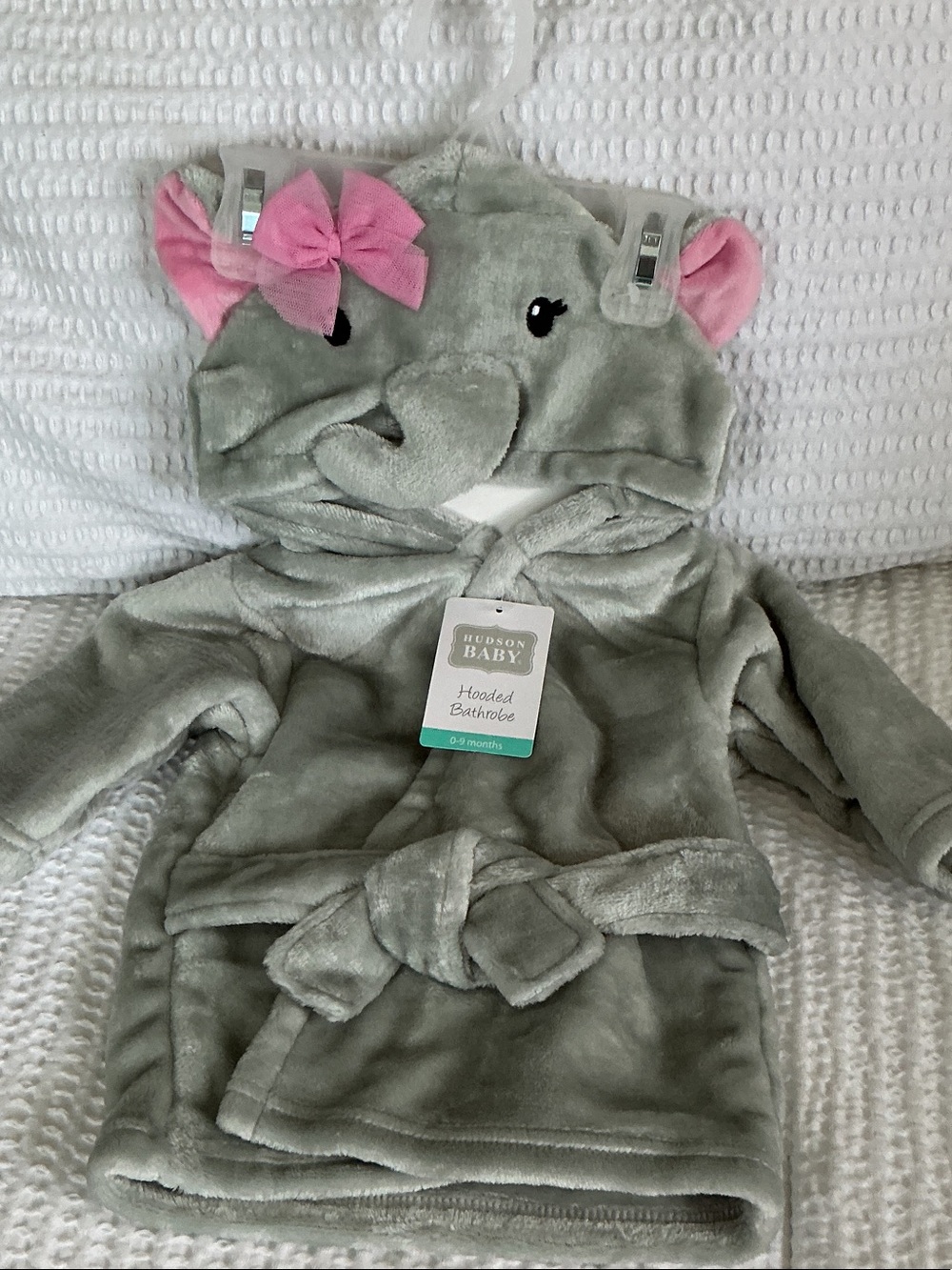 Hudson Baby Gray Hooded Elephant Robe with Pink Ear Bows